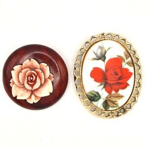 Vintage Floral Brooch Lot  Rose Porcelain Cameo & Carved Redwood Burl w/‎ Flower